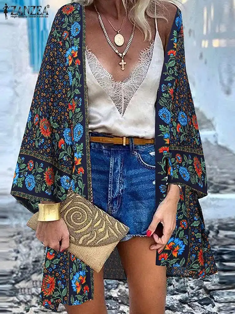 Vintage Open Front Holiday Shirt ZANZEA Bohemian Summer Women Floral Printed Long Sleeve Blouse Kimono Tunic Tops Beach Cardigan