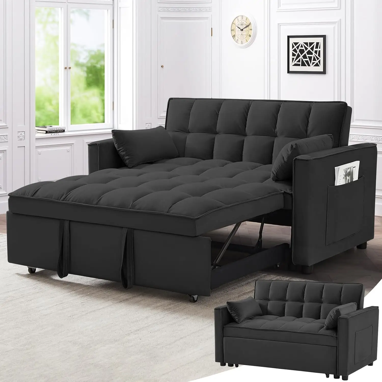 

3 in 1 Sleeper Sofa Bed, Pull Out Couch, Convertible Futon with Adjustable Backrest, Living Room Chaise Lounge with 2 P