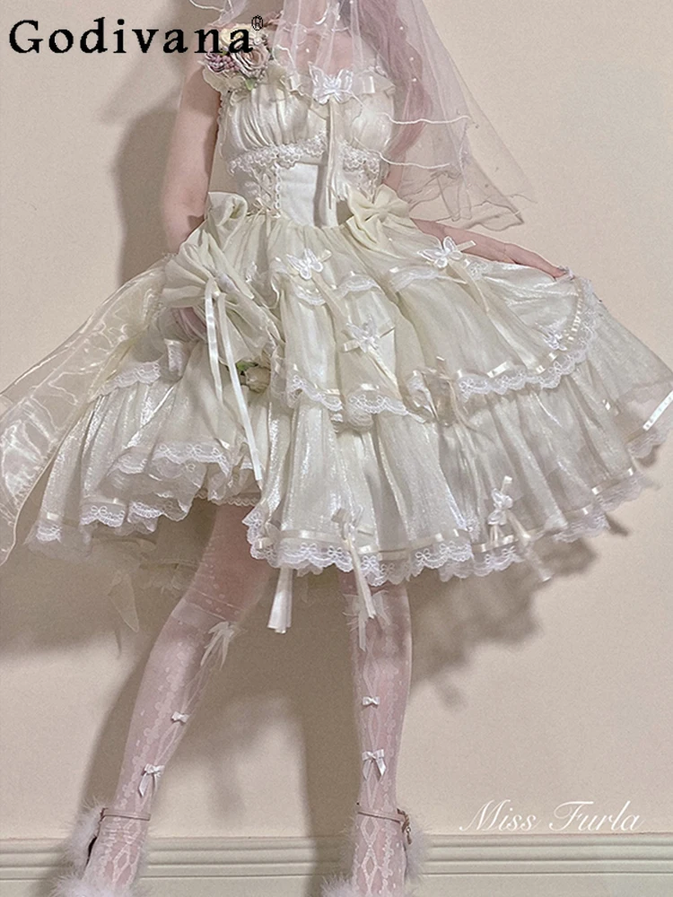 Sweet Lolita Kant Splitsen Korte Mouw Jarretel Prinses Jurken Meisjes Hoge Taille Mode Veelzijdige Leeftijdsreductie Taart Jurk