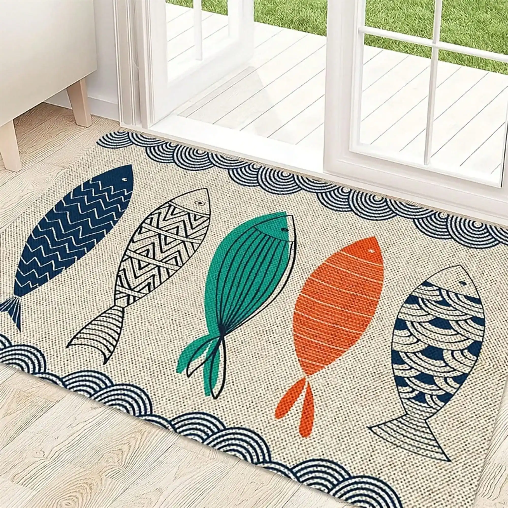 Soft Door Mat, Summer Fish Pattern, Flannel Material, Perfect For Front Door, Bedroom, Farmhouse Or Laundry Room Decoration, Washable Mat, Door Decoration