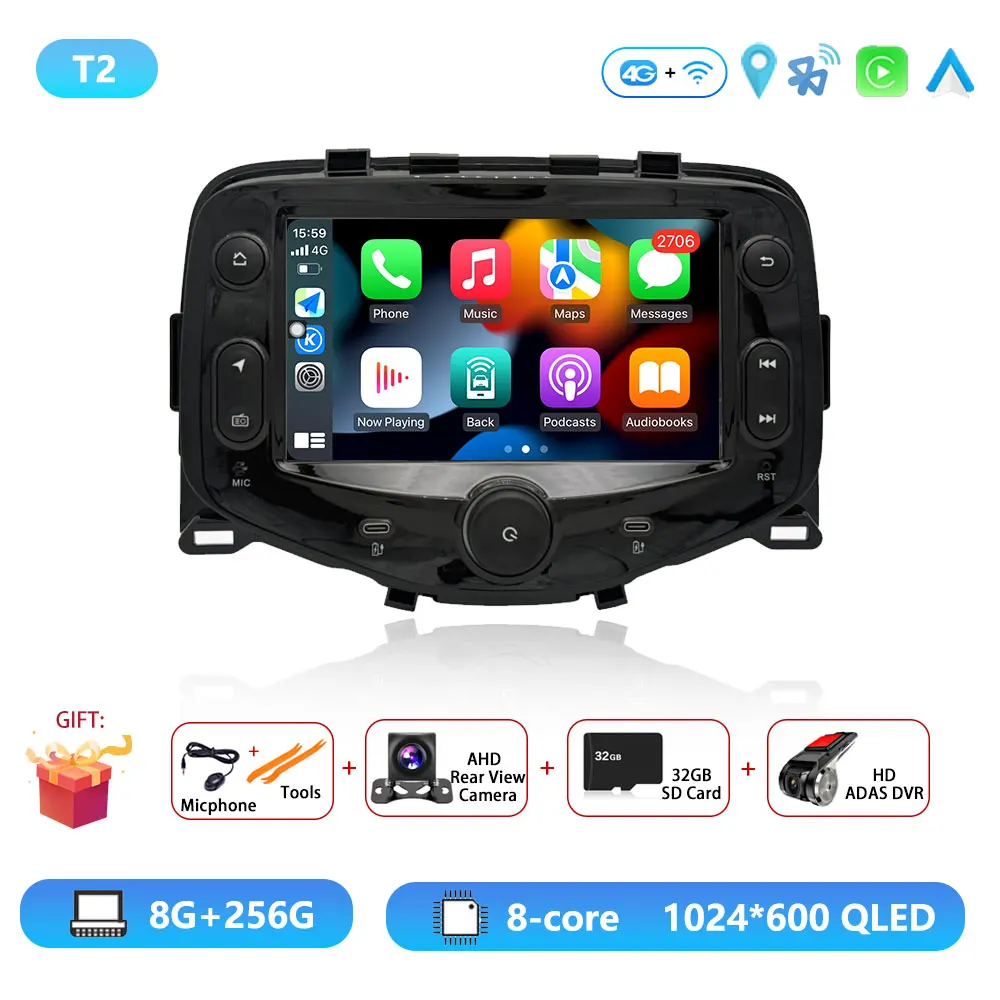 Android 15 Radio For Toyota Aygo Peugeot 108 Citroen C1 2014 - 2021 Autoradio Multimedia Player Carplay Android Auto GPS DSP DVD