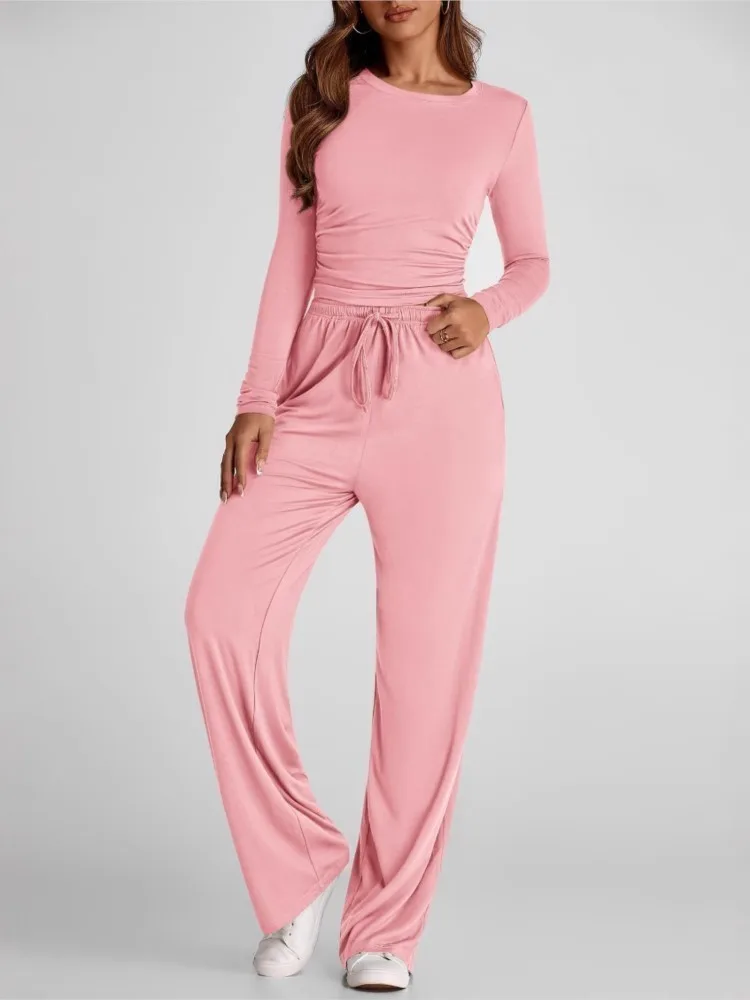 Pants Set For Women Slim Round Neck Long Sleeve Sweatshirt Drawstring High Waist Straight Trousers 2025 New Lady Two Piece Sets