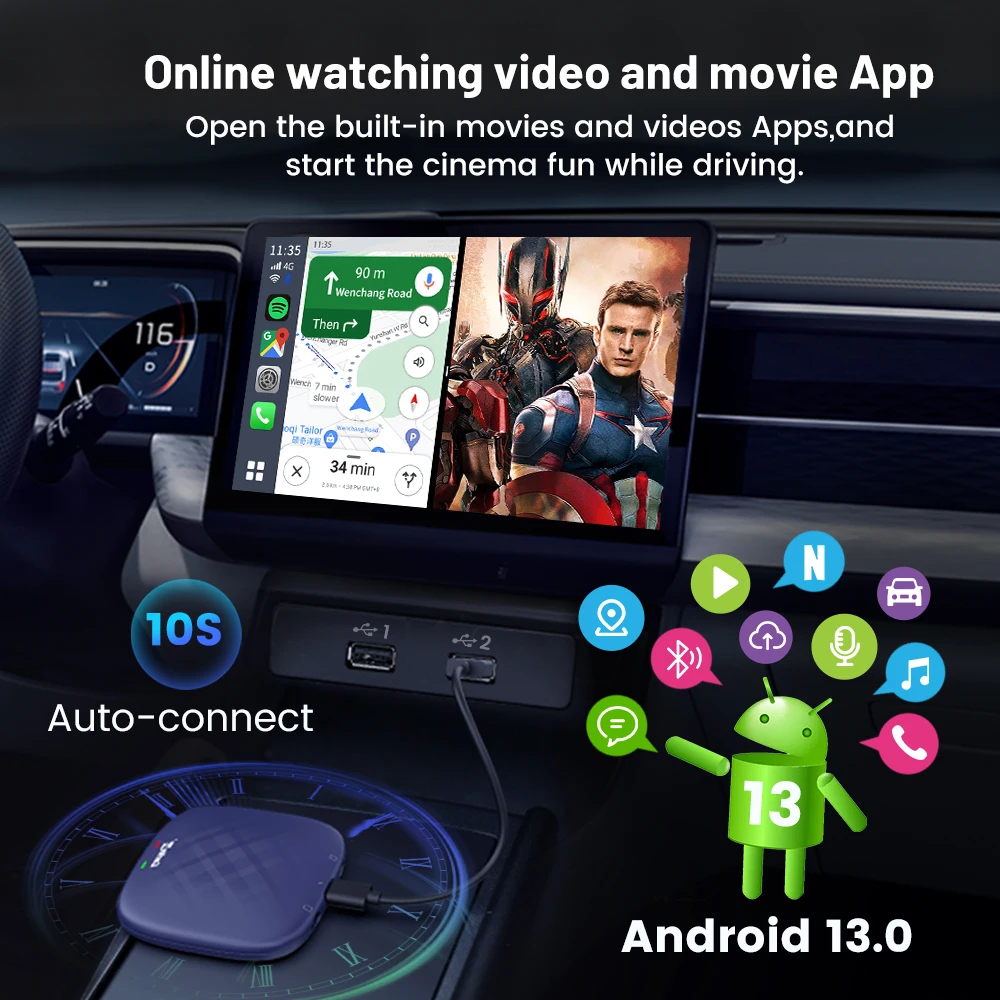 Carlin kit android tv box android 13 kabelloses carplay ai box qcm6125 8-core 128gb smart car ai box carplay für netflix youtube