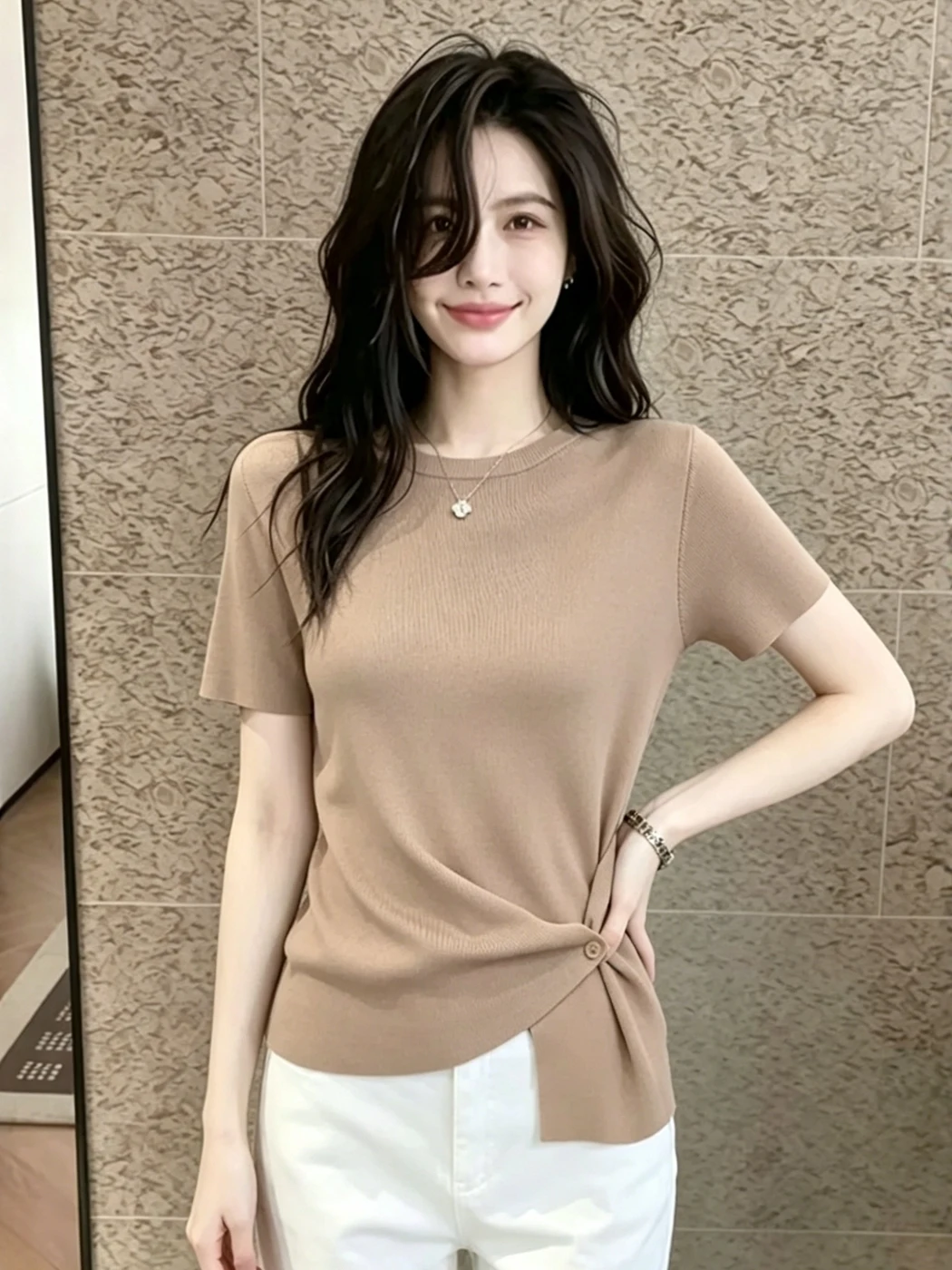 

Casual round Neck Knitted Top Short Sleeve Women's Base Layer Shirt Summer New Style Versatile Slimming Bottoming Upper Body