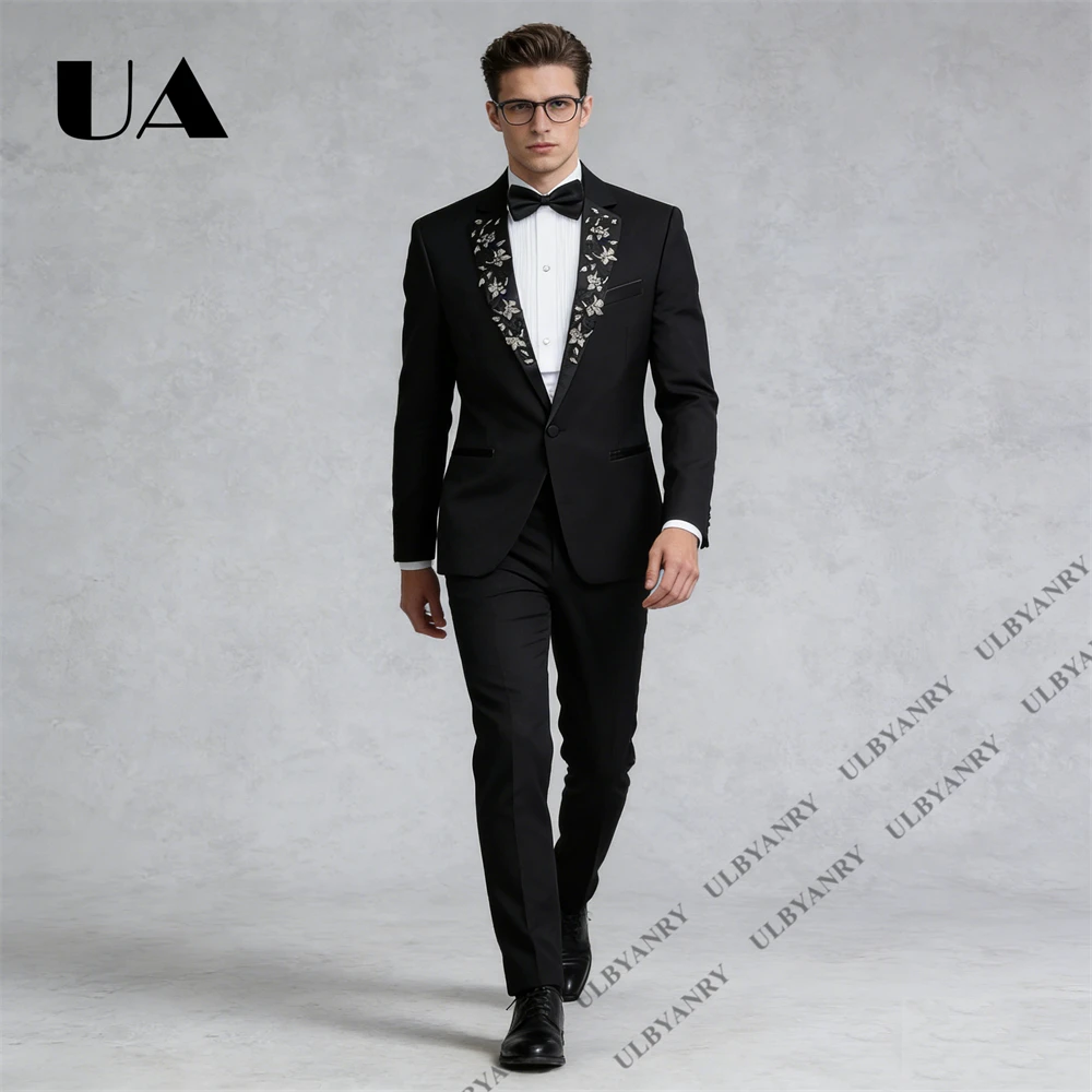 Men’s 2 Piece Suit – Black Satin Lapel, Floral Embroidery, Formal Wedding Groom Suits, Business Events Gala Suit Attire for Men
