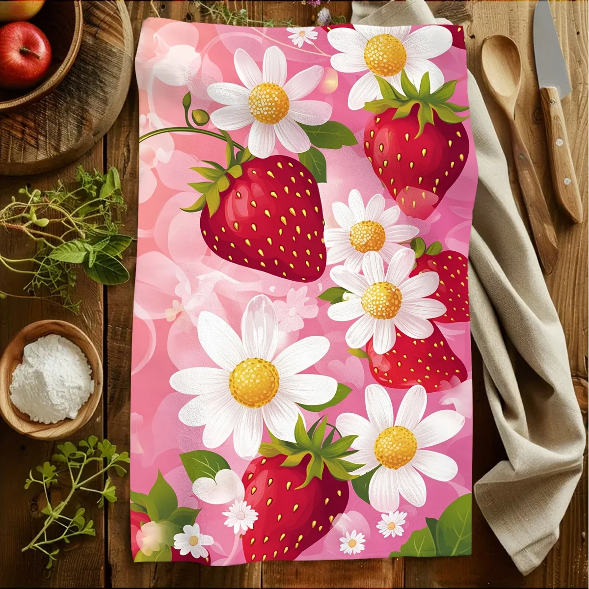 1pc Strawberry & Daisy Printed Scrub Cloth, Soft Absorbent Kitchen Hand Towels, Perfect for Kitchen, Dining Room, Bathroom, Dorm