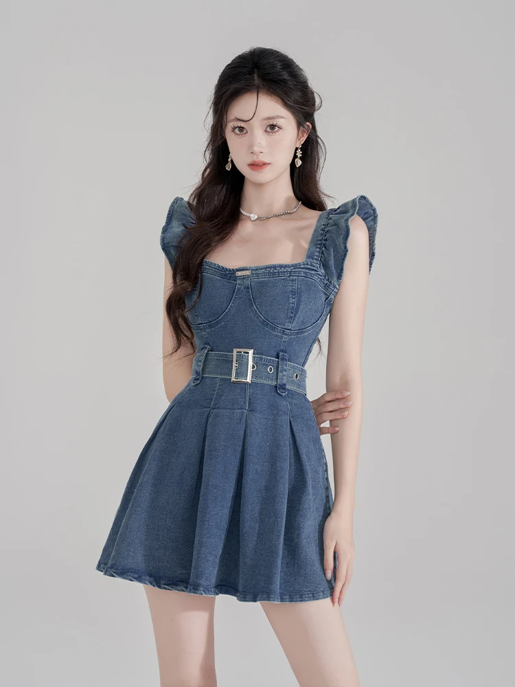 

Blue Denim Dress Women's Spring Summer Washed Cotton Slim Fit Fashionable All-Match Short Elegant Square Collar Sleeveless Sling