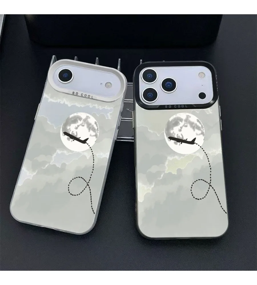 Funda para Teléfono con Diseño de Nubes, Luna y Silueta de Avión, para iPhone 13 14 15 16 17 Pro Max, Estética y con Ventana Grande