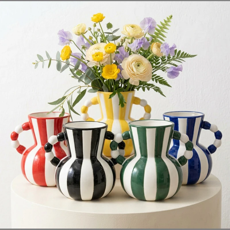Vintage Ceramic Striped Vase with Double-ear Kettle, Decorative Hydroponic Flower Arrangement Vase for Living Room Dining Table