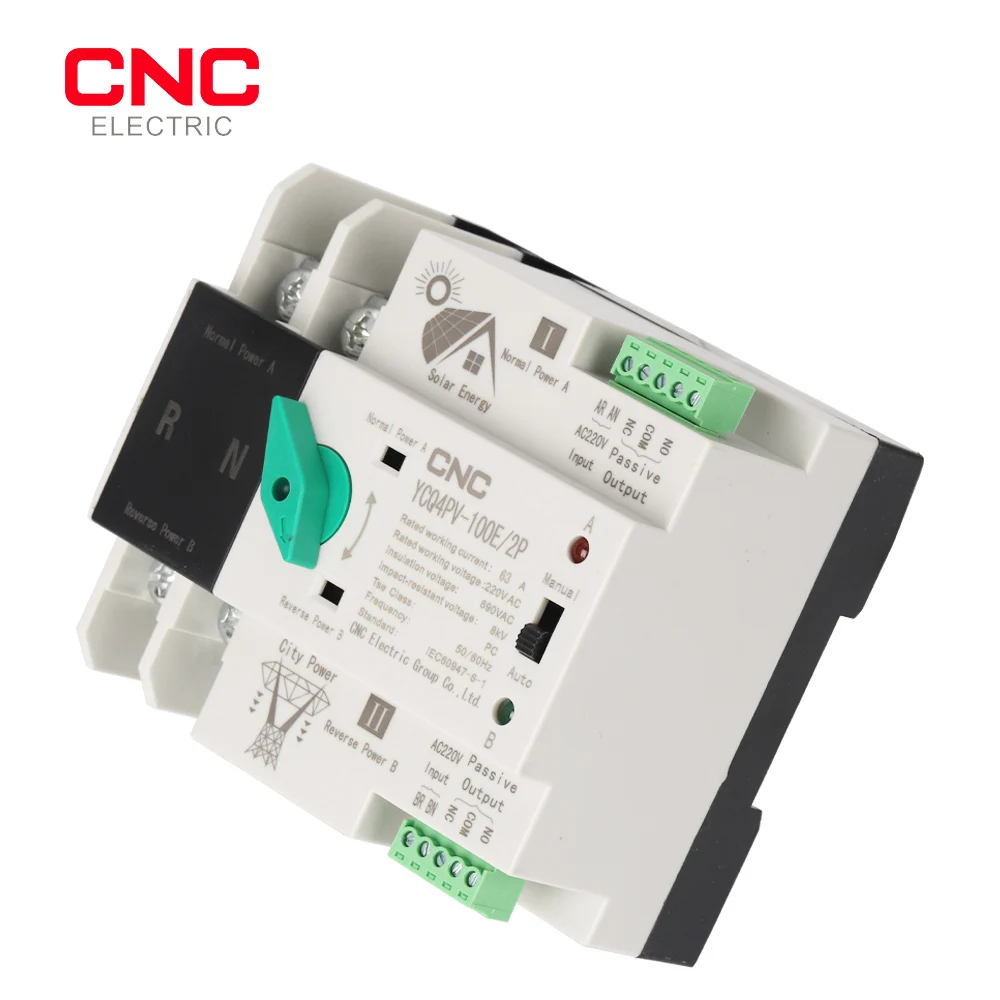 CNC YCQ4PV-100E 2P Din Rail ATS for PV and inverter Dual Power Automatic Transfer Selector Switches Uninterrupted 63A 100A