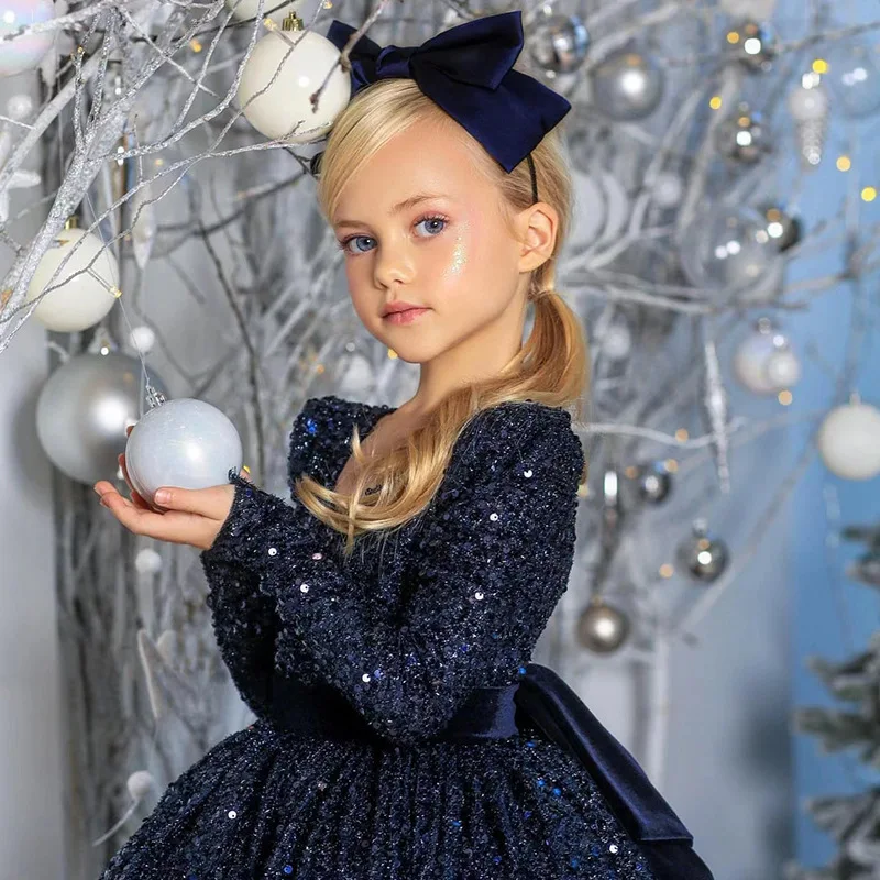 

Blue Backless Sequin Flower Girl Dress Girls Long Sleeve Tulle Tutu for Birthday Party & Wedding Sparkling Princess Gown Kids