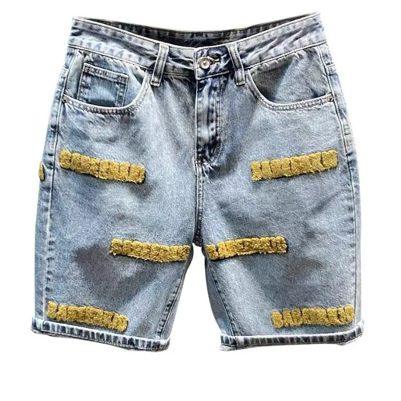 Short en denim brodé au genou pour hommes, jeans courts classiques, vêtements de luxe coréens, vêtements de créateurs d'été, décontracté, K-pop, nouveau