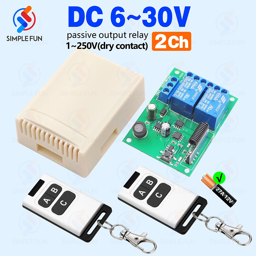 

433MHz Universal Wireless Remote Control Switch 2CH DC 6V 12V 24V Relay Receiver,50m Transmitter,for Light/Gate/Motor ON OFF DIY