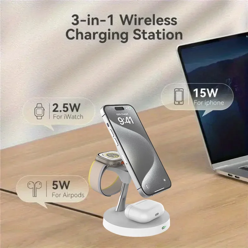 شاحن لاسلكي مغناطيسي 3 في 1 حامل قابل للتعديل لهاتف iPhone 17 16 15 14 Pro Max iWatch 10 9 8 AirPods Pro محطة شحن سريعة #3