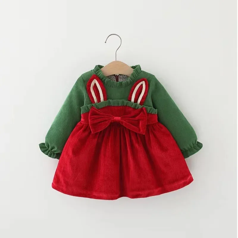 2024 Christmas Dress for Girls Children Clothes Girl Autumn Infants Corduroy Rabbit Ears Dresses Kids New Year's Party One-piece