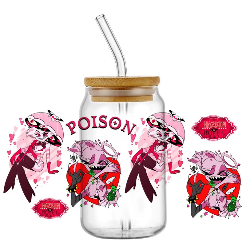 Red Demon Cartoon Hotel UV DTF Wraps, Gothic Hell Themed Stickers for 16oz Glass Cans, Waterproof DIY Transfer Decals