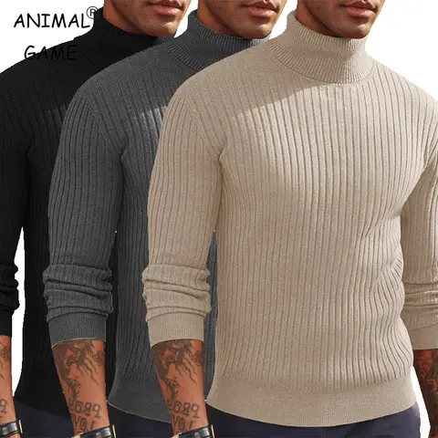 Autumn Men's Slim Fit Long Sleeve Turtleneck Sweater Casual Knitted Pullover Sweaters Outdoor Winter Warm Thick Heavyweight Top
