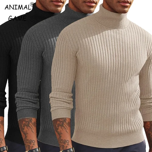 Otoño de los hombres Slim Fit de manga larga suéter de cuello alto Casual de punto suéteres al aire libre invierno cálido grueso Top pesado