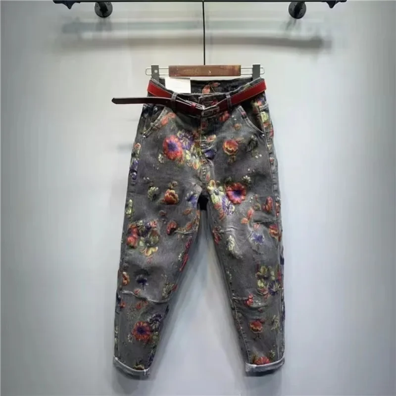 TPJB Flower Jeans donna pantaloni primavera nuovi pantaloni larghi a vita alta personalità stampata Denim Harem pantaloni Jeans donna Femme