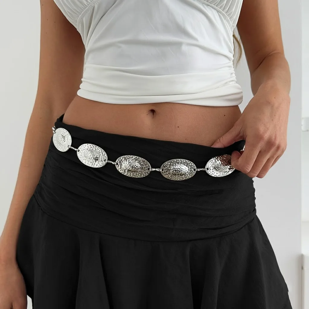 Body Chain Hammered Oval Geometric Pleated Finish for Women Commute Work Office Durable Premium Versatile Alloy Silver Tone