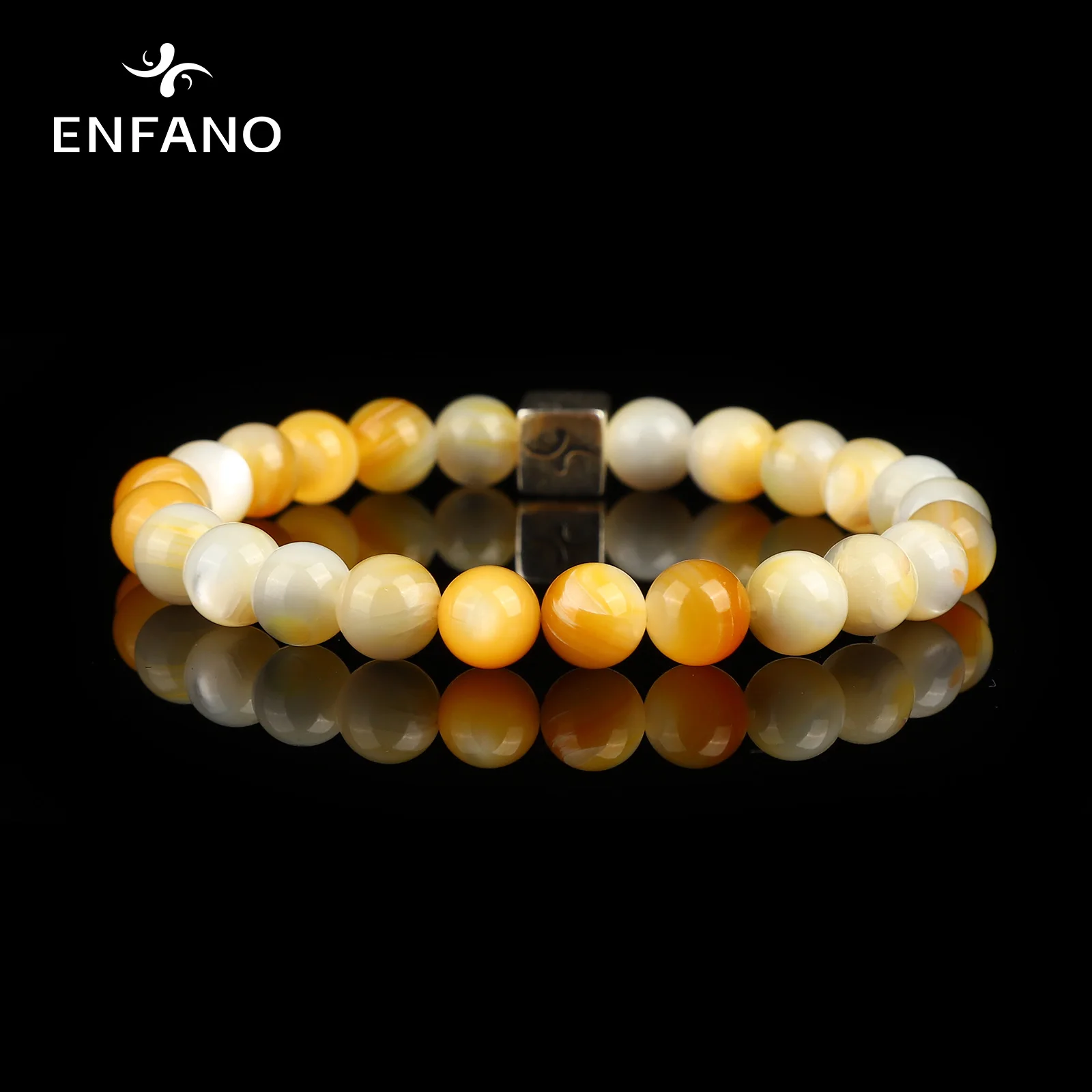 

ENFANO Golden Mother of Pearl Bracelet 8mm Round Bead Bracelet Fashion Birthday Gift Size Name Text Personalized Custom Jewelry