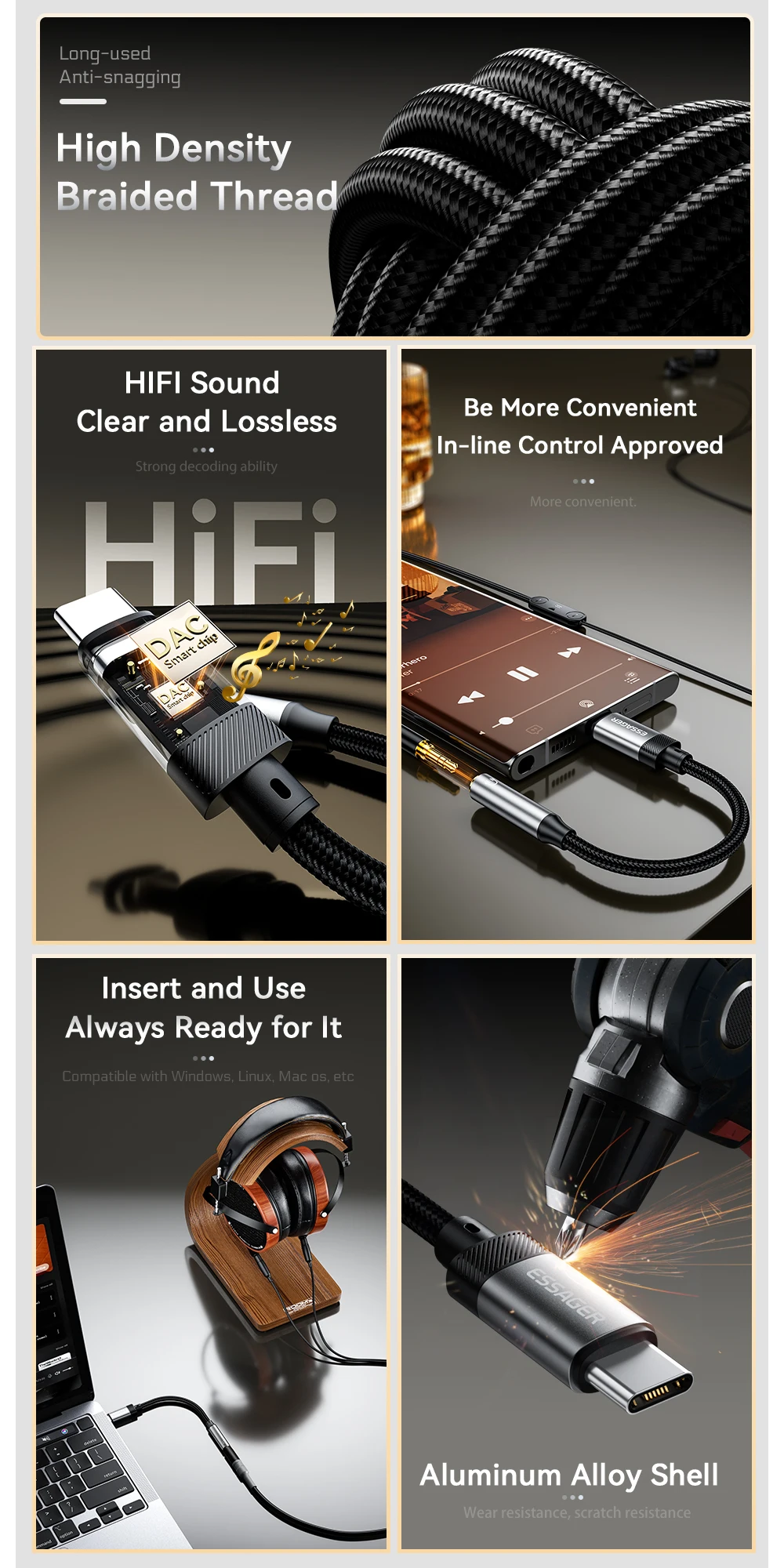 Essager Typ-C-auf-3,5-mm-Klinken-AUX-Kabel für iPhone 15, Samsung, MacBook, Lighting-auf-3,5-mm-Kopfhörer-Audioadapter für iPhone 14, 13 – Detail 4