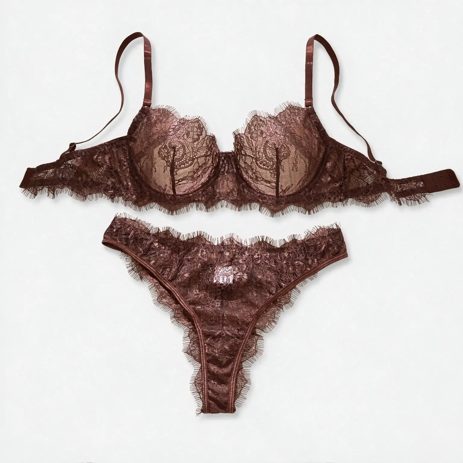 Ladies' Basic Style Thin Lace Bra And Panty Set Seamless Single Layer Eyelet Underwear Comfortable Intimate Apparel