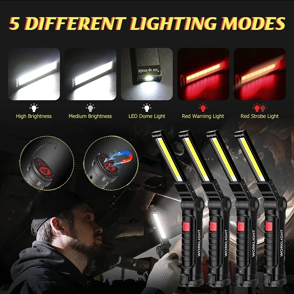 USB Rechargeable COB LED Flashlight 5 Modes Working Light with Magnetic Lantern Portable Camping Torch with Built-in Battery