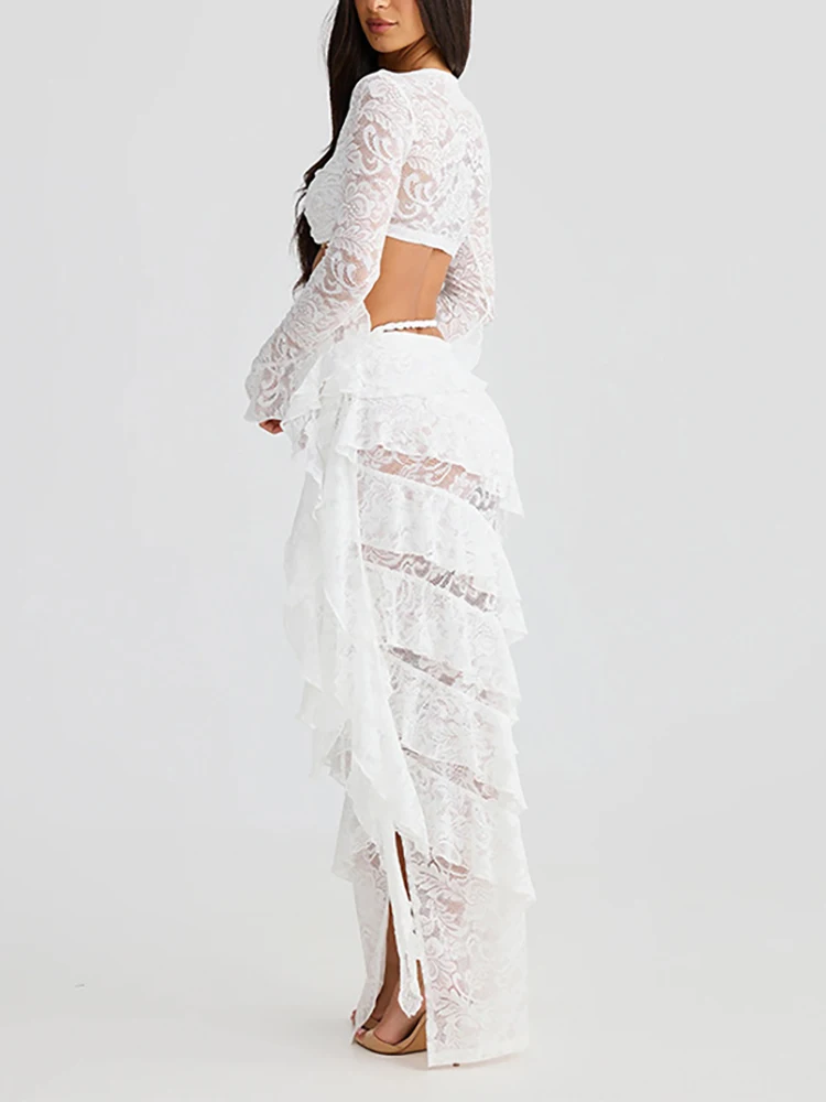 

Летний костюм 2026: кружевной вышитый комплект для клуба и вечеринок, повседневный наряд с рюшами, женский топ с круглым вырезом и расклешенными рукавами, длинная юбка, пляжный костюм