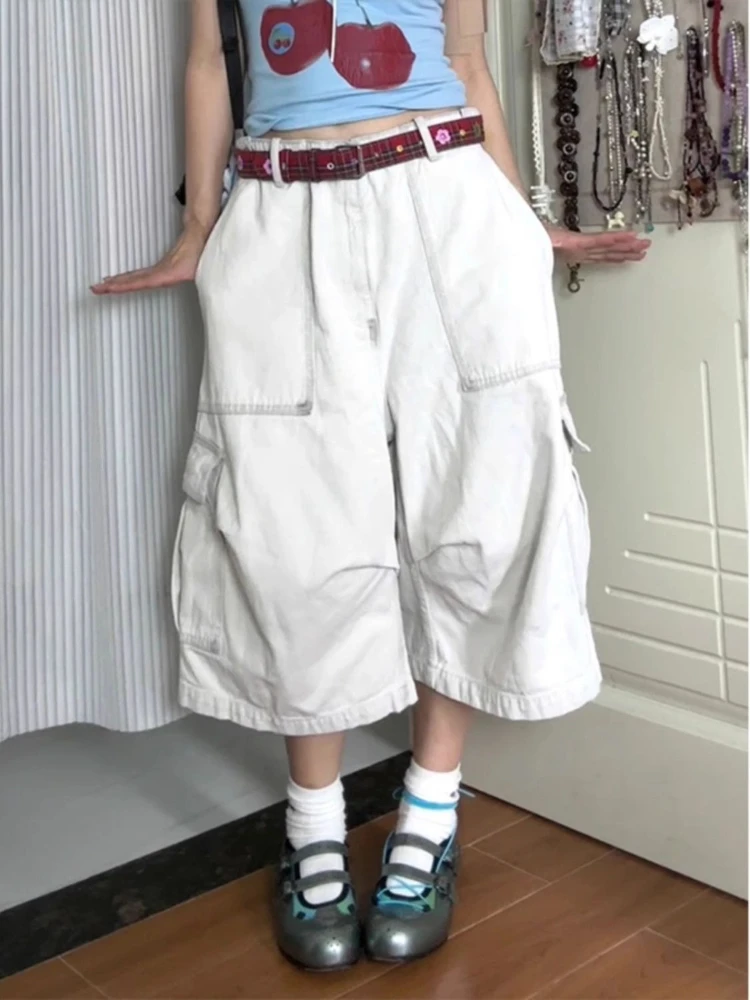 

Deeptown White Wide Leg Cargo Jorts Women Vintage Washed High Waist American Style Short Jeans Baggy Pocket Casual Streetwear