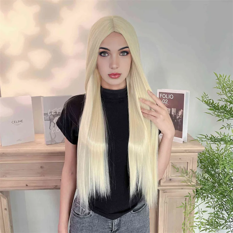 European and American women's light golden long straight wig, hand-woven, realistic front lace synthetic fiber headpiece