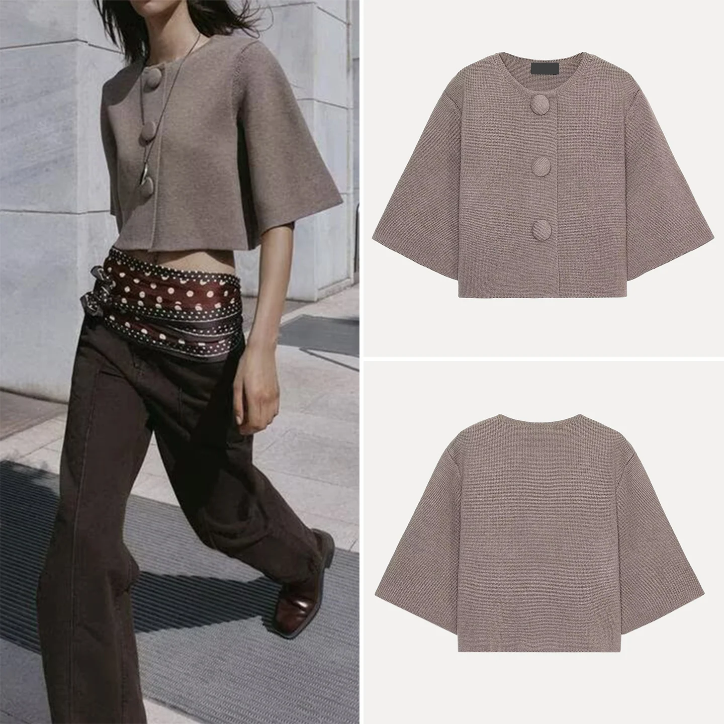 

Casual Knitted Outerwear Women's Faionable Autumn 2025 Buttoned Cloth Coat Stand Fit ort Length Ladies' Jaet