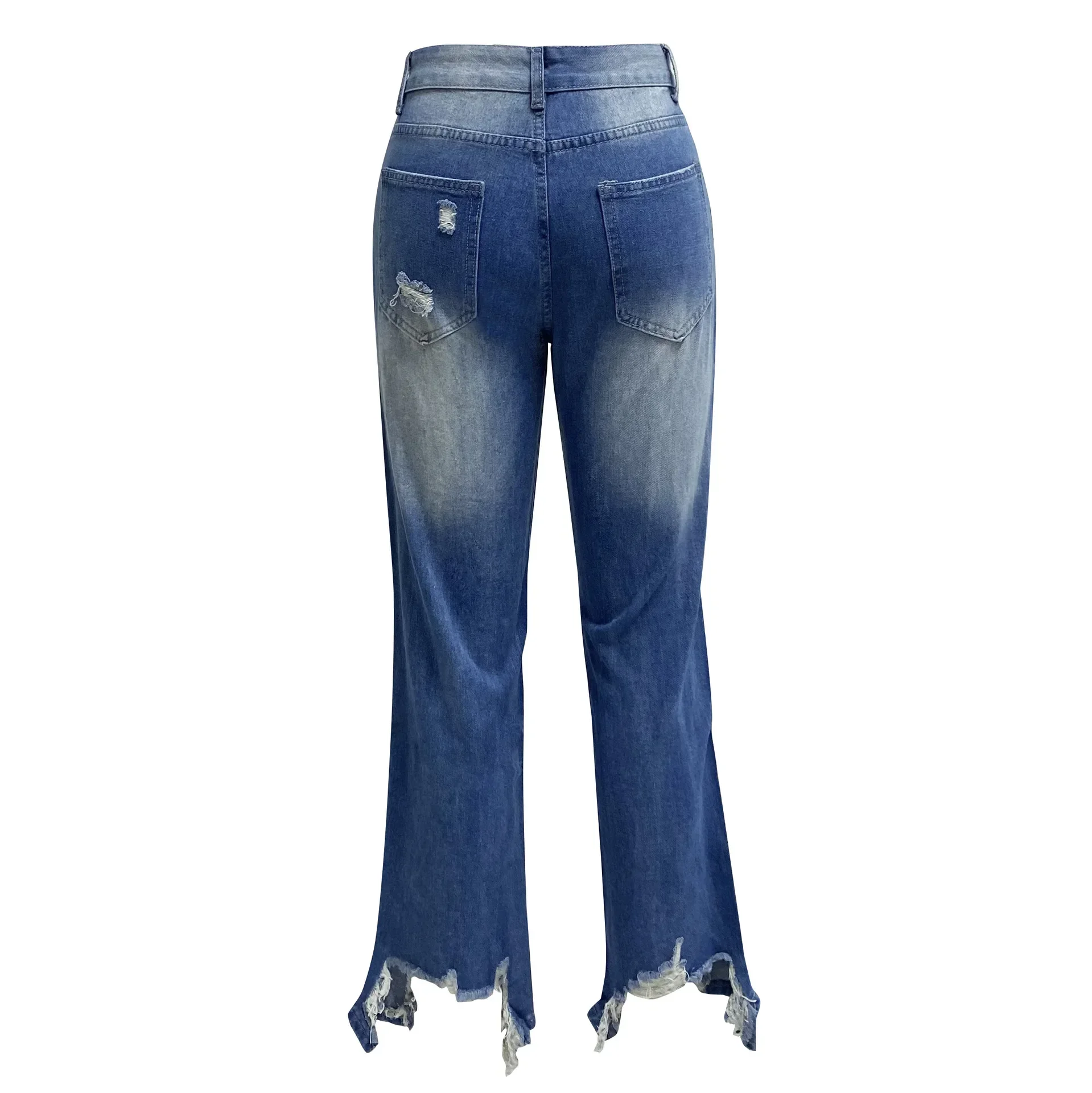 Women Jeans Flash Straight Pants Holes Washing Denim Pockets Loose Fit High Street Slight Strech Solid Color Spring 2024