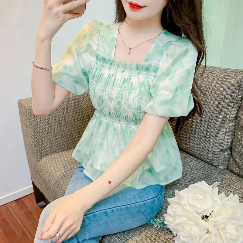 Summer Chiffon Vintage Blouses Women 2024 Korean Fashion Clothing  Blusas Casual Slim Printed Puff Sleeve Corset Ladies Tops y2k