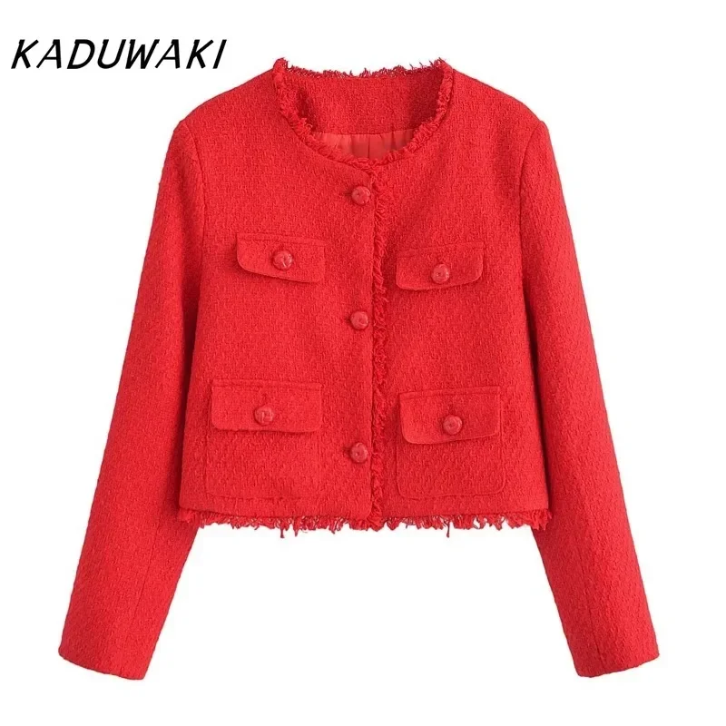 KADUWAKI French Classic Round Neck Long Sleeve Tweed Chambray Jackets Retro Fall Loose Short Tops Куртка Женская С Капюшоном