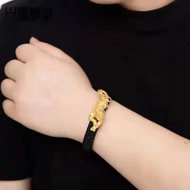 14 K Yellow Gold Color Leopard Pendant Bracelet for Men Black Leather Tough Guy Bracelet Bangle Wedding Birthday Fine Gifts