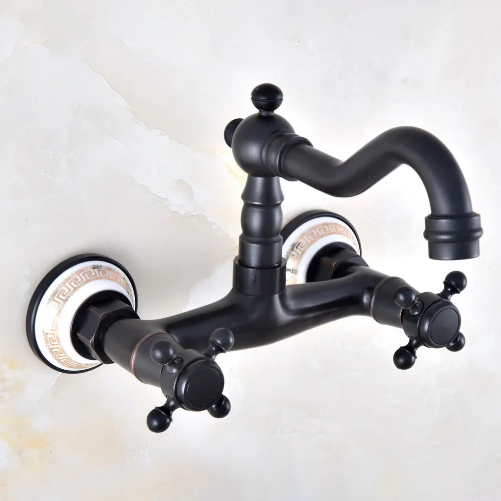 

Oil Rubbed Bronze Wall Mounted Swivel Spout Bathroom Sink Faucet Double Handle Mixer Tap Wall Mounted znf871