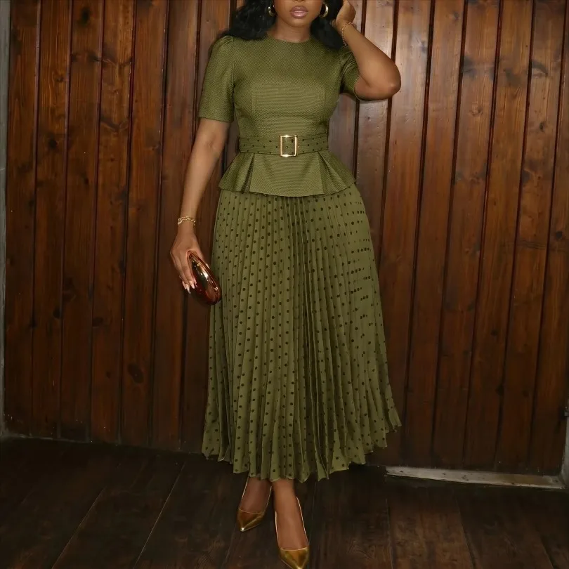 Classy Women Dress Set O Neck Short SleevesTop with Belts High Waist Pleated Polka Dots Skirt Elegant Africa Office Party Outfit