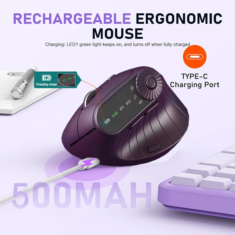 Ergonomic 8 Function Button Vertical Mouse With Function Adjustment Knob BT5.0 Dual Mode Wireless Rechargeable Mice for Desktop