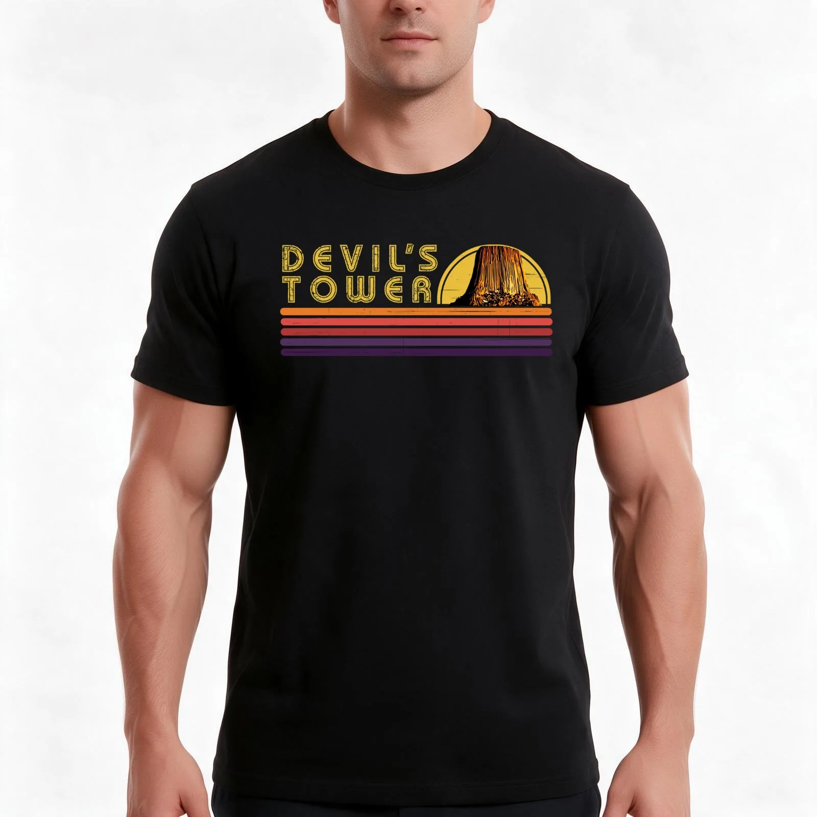 Devil's Tower Retro Vintage Stripes T-Shirt, Summer Casual Cotton Tee, Oversized Streetwear Tops, Vintage Graphic Print