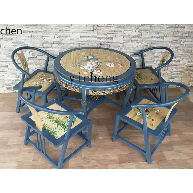 

YFY solid wood round dining table round table small apartment balcony living room household elm round dining table and chairs