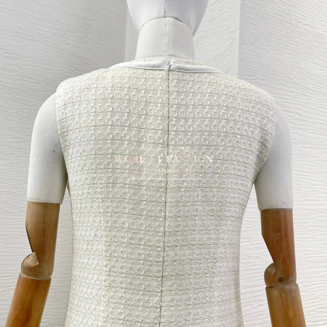 Mini sukienka bez rękawów z tweedem w kolorze kości słoniowej i kokardką 2025 wysokiej jakości