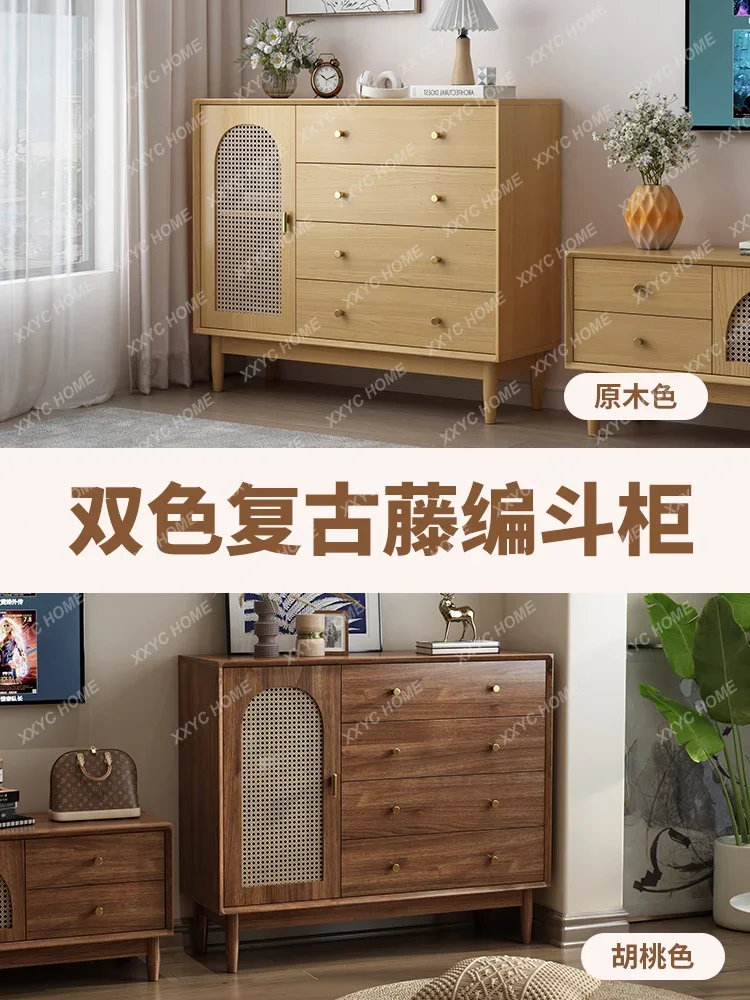 Nordic Style Rattan Storage Cabinet Wood Color Bedroom Locker Simple