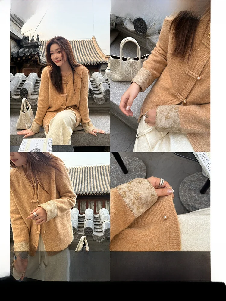 

Мягкий уютный женский вязаный кардиган с открытым передом, черный, в китайском стиле, осенний, модный, повседневный, свободного кроя, с длинными рукавами, круглым вырезом