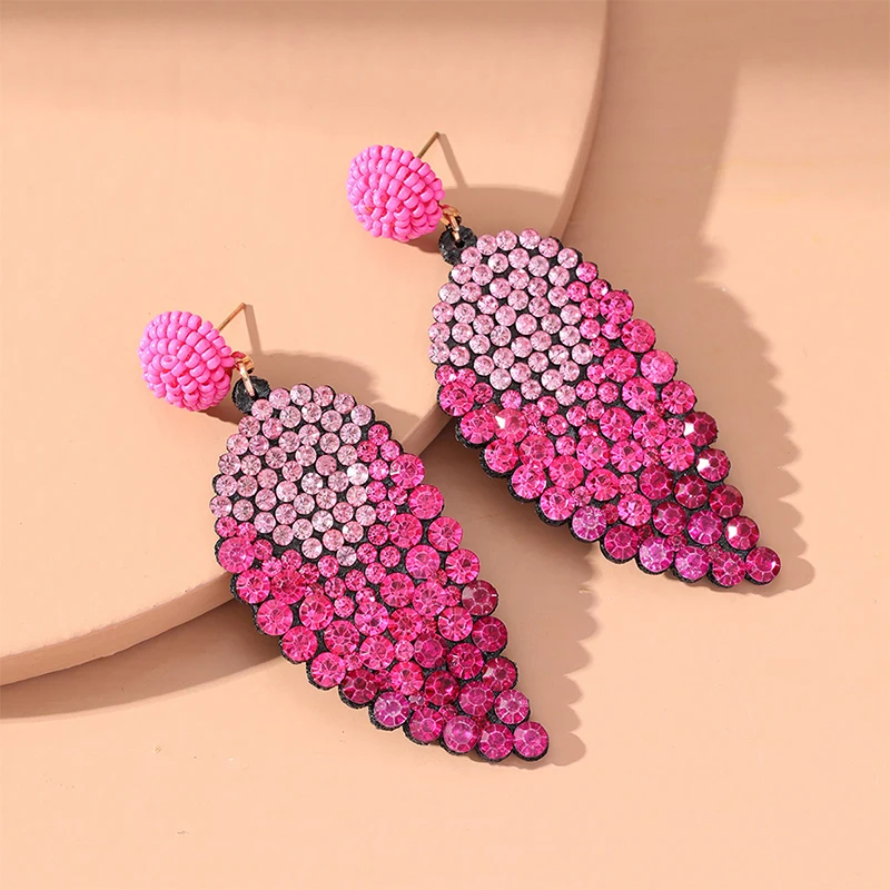 PU Leather Leaf Shape Beads Full Shiny Crystal Fuchsia Drop Earrings Jewelry for Women Luxury Long Earring