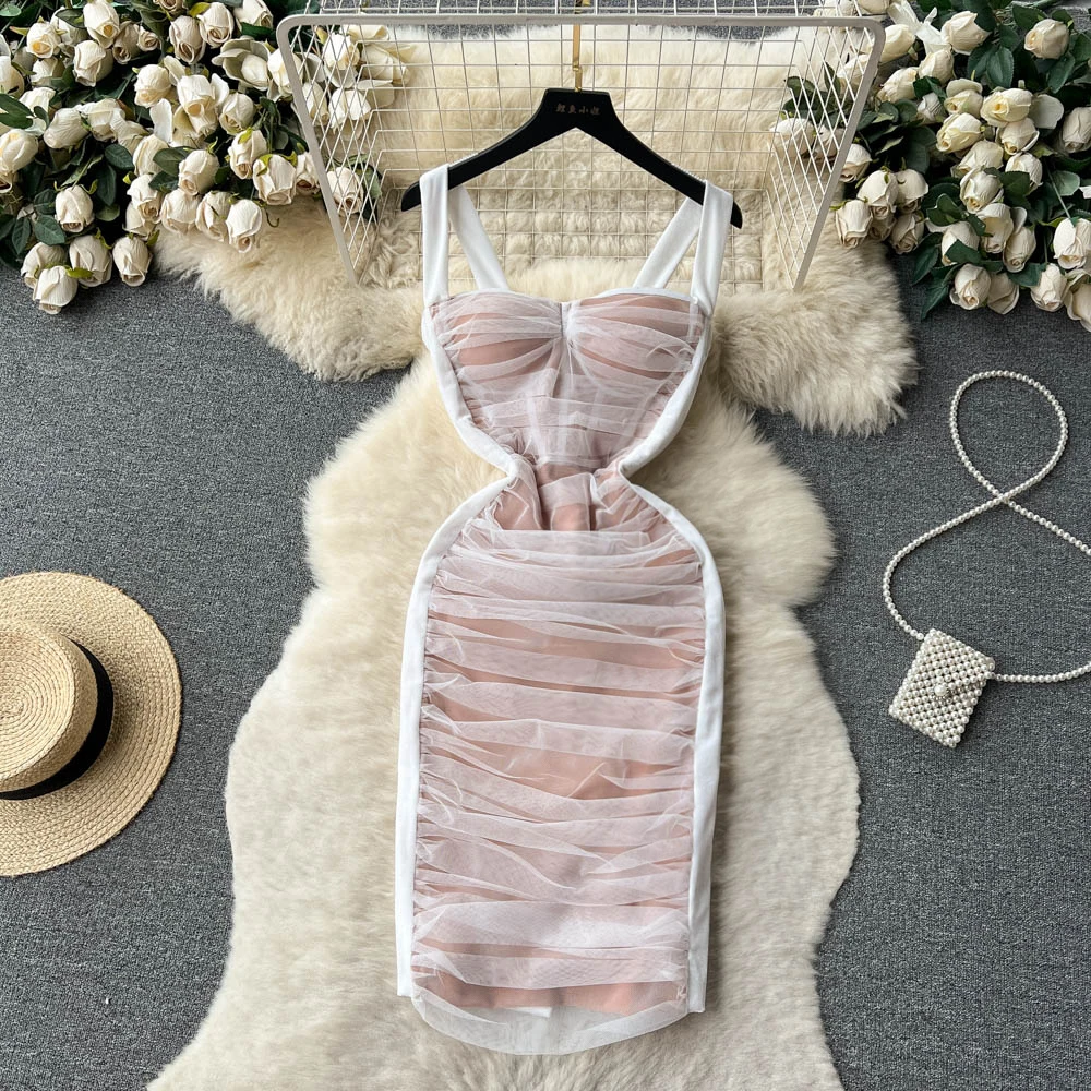 

Hotweek Elegant Mesh Deep Strapless Chic Straps Sexy Folded Slimming Pencil Dress French Party High Street Women's Wear