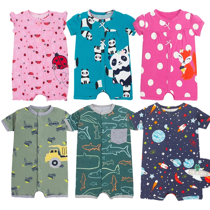 2024 Summer Newborn Baby Boys Rompers Short Sleeve Coveralls Cartoon Printed Soft Cotton Jumpsuits 0-24M Toddler Baby Clothes