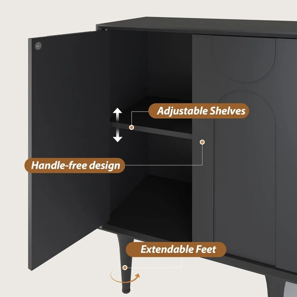 Modern Sideboard Buffet Cabinet, Accent Wooden Storage Cabinets with 2 Doors, Adjustable Shelves and Decorative Wave Panel Store