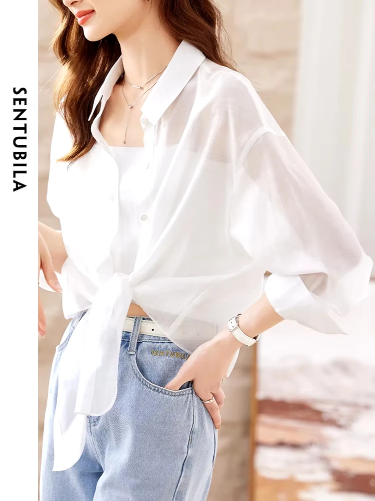 SENTUBILA Sheer Knot Shirts Women 2024 Elegant Casuals Long Drop Sleeve Button Up Shirts & Blouses Female Clothes 132C48674