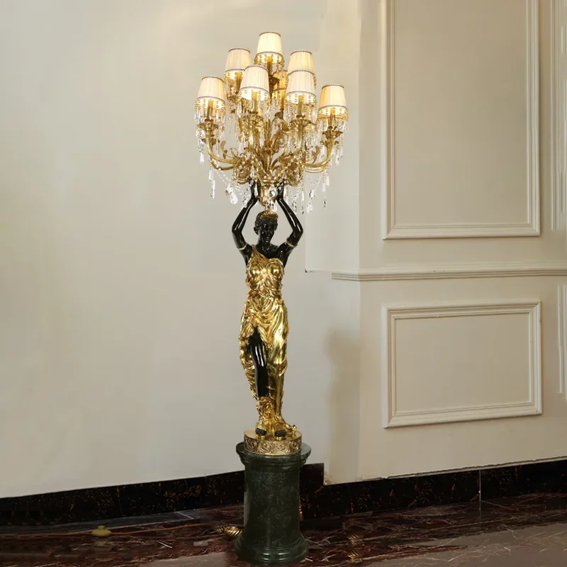 French all-copper large living room floor lamp European-style villa hotel lobby statue character decorative ornament art lamp